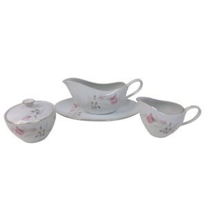 Camelot China American Rose 1655 Gravy Boat Sugar Bowl Creamer Set Pink Floral